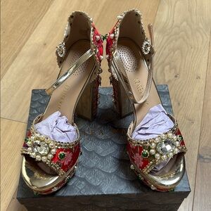 Elegant Red and Gold Embellished Heels